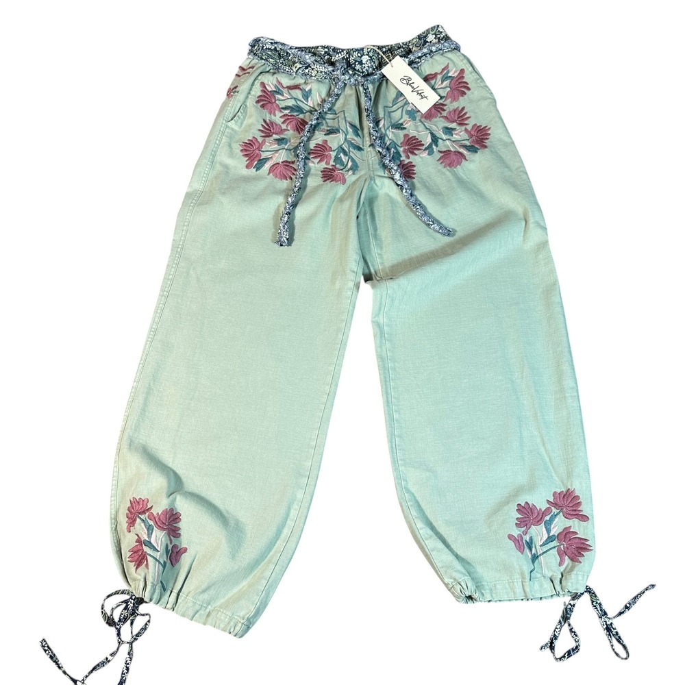 Blue Velvet Jogger Pants NWT Women S Sage Floral Embroidery Elastic Waist Cotton - Picture 2 of 11